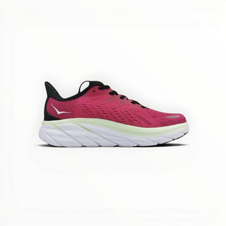 FWSports Shoes Hoka Clifton 8 mens running shoe in pink mesh with black accents and a thick white cushioned midsole.