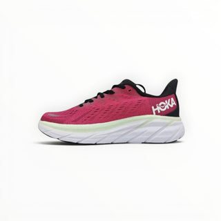 FWSports Shoes Hoka Clifton 8 women's running shoe in pink, black, and white with a cushioned white midsole.