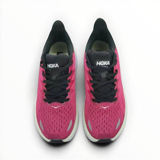 FWSports Shoes Hoka Clifton 8 mens running shoes in pink, black, and white with breathable mesh and cushioned soles.