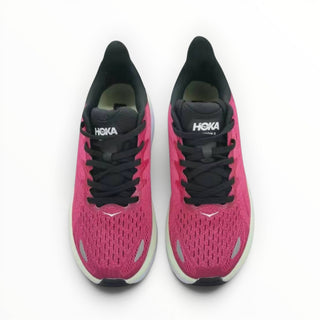 FWSports Shoes Hoka Clifton 8 women's running shoes in pink, black, and white with breathable mesh and cushioned soles.