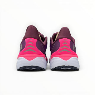 Rear view of FWSports Shoes Hoka Clifton 8 men's running shoes in purple with bright pink heel accents.