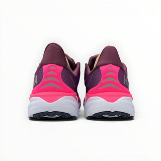 FWSports Shoes Hoka Clifton 8 women's running shoes in purple and bright pink, rear view showing flared heel collar.