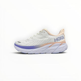 FWSports Shoes Hoka Clifton 8 women's running shoe in white with light purple and peach accents on a white background