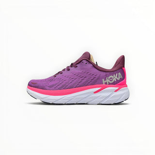 FWSports Shoes Hoka Clifton 8 men's running shoe in purple with a white and pink cushioned midsole and mesh upper.