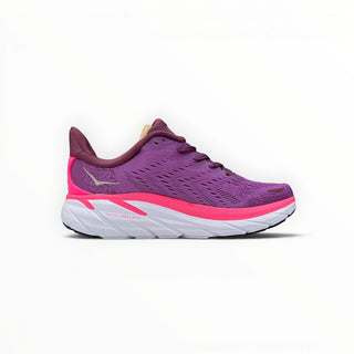 FWSports Shoes Hoka Clifton 8 men's running shoe in purple with a thick white cushioned midsole and bright pink accents.