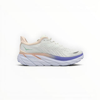 FWSports Shoes Hoka Clifton 8 men's running shoe in light purple and white with breathable mesh and EVA cushioning.