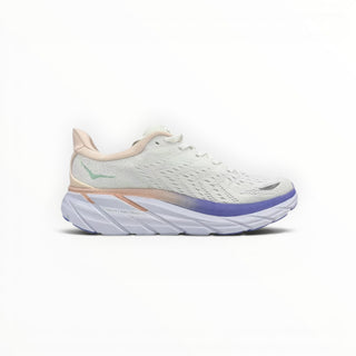 FWSports Shoes Hoka Clifton 8 women's running shoe in light purple and white with a thick cushioned EVA midsole.