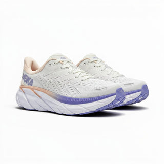 FWSports Shoes Hoka Clifton 8 women's running shoes in light purple and white with breathable mesh and EVA midsole.