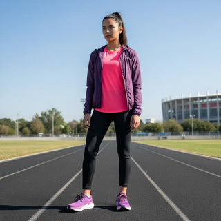 FWSports Shoes model wearing purple Hoka Clifton 8 running shoes on a track, paired with leggings and a jacket.