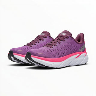 FWSports Shoes Hoka Clifton 8 men's running shoes in purple with a bright pink midsole and white cushioned sole.