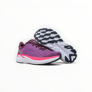 FWSports Shoes Hoka Clifton 8 women's running shoes in purple with a white and pink cushioned midsole