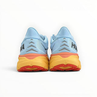 FWSports Shoes Hoka Clifton 8 women's running shoes in light blue and orange, rear view showing thick foam midsole.