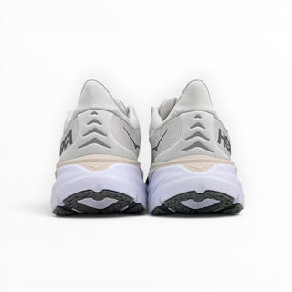 Rear view of FWSports Shoes Hoka Clifton 8 women's running shoes in Lunar Rock and Nimbus grey with heel pull tabs.