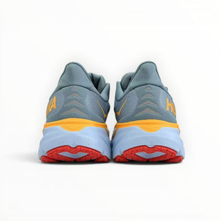 Rear view of FWSports Shoes Hoka Clifton 8 running shoes in Mountain Spring and Goblin Blue with orange accents.