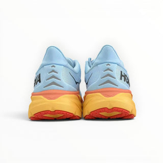 Rear view of FWSports Shoes Hoka Clifton 8 running shoes in light blue and orange with thick foam cushioning.