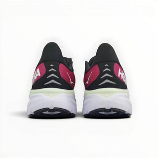 Rear view of FWSports Shoes Hoka Clifton 8 running shoes in pink, black, and white with a flared heel collar.