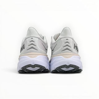 Rear view of FWSports Shoes Hoka Clifton 8 men's running shoes in Lunar Rock and Nimbus grey with cushioned EVA soles.