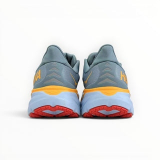 FWSports Shoes Hoka Clifton 8 women's running shoes in Mountain Spring and Goblin Blue, rear view showing heel detail.