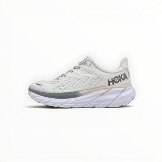 FWSports Shoes Hoka Clifton 8 women's running shoe in lunar rock and nimbus grey with breathable mesh and thick EVA sole.