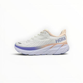 FWSports Shoes Hoka Clifton 8 men's running shoe in light purple and white with breathable mesh and EVA foam midsole.