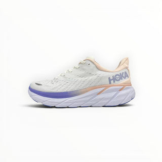 FWSports Shoes Hoka Clifton 8 men's running shoe in light purple and white with breathable mesh and cushioned EVA midsole.