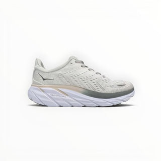 FWSports Shoes Hoka Clifton 8 women's running shoe in lunar rock and nimbus grey with a thick cushioned EVA midsole.