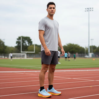 FWSports Shoes model wearing light blue and orange Hoka Clifton 8 running shoes on a red athletic track