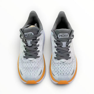 FWSports Shoes Hoka Clifton 8 running shoes in celeste yellow and grey with breathable mesh and cushioned midsole.