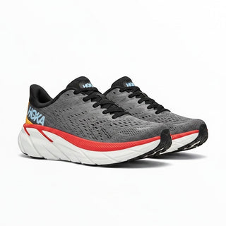FWSports Shoes Hoka Clifton 8 men's running shoes in grey, white, and black with a thick cushioned EVA midsole.