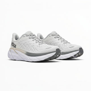 FWSports Shoes Hoka Clifton 8 men's running shoes in lunar rock and nimbus grey with breathable mesh and EVA midsole.