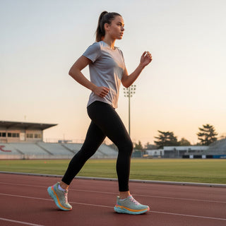 FWSports Shoes Hoka Clifton 8 women's running shoes in seaweed and green tea on a runner at a track at sunset.