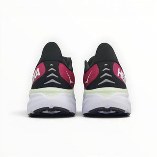 FWSports Shoes Hoka Clifton 8 women's running shoes in pink, black, and white, viewed from the back.