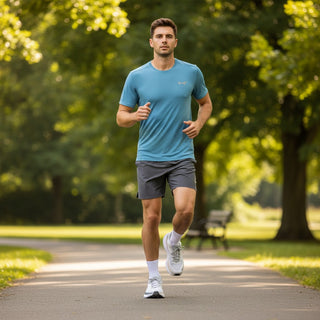 A man running in a park wearing FWSports Shoes Hoka Clifton 8 running shoes in Lunar Rock and Nimbus grey colourway.