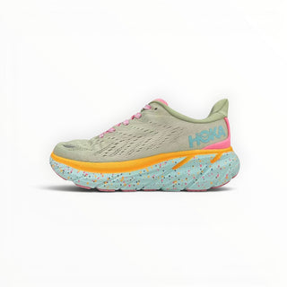 FWSports Shoes Hoka Clifton 8 running shoes in seaweed and green tea with a speckled foam midsole and pink accents.