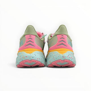 FWSports Shoes Hoka Clifton 8 women's running shoes in seaweed and green tea with a speckled midsole and pink accents.
