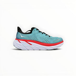 FWSports Shoes Hoka Clifton 8 women's running shoe in real teal and aquarelle with a thick white cushioned midsole.