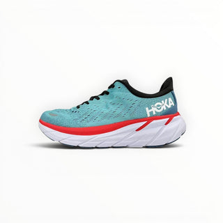 FWSports Shoes Hoka Clifton 8 women's running shoe in real teal and aquarelle with a thick white cushioned midsole.