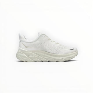 FWSports Shoes Hoka Clifton 8 men's running shoe in all-white with breathable mesh upper and thick cushioned midsole.