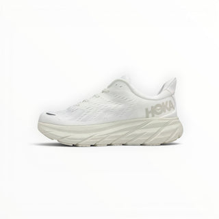 FWSports Shoes Hoka Clifton 8 women's running shoe in all-white with breathable mesh upper and cushioned midsole.