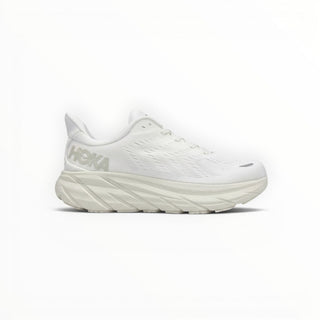 FWSports Shoes Hoka Clifton 8 men's running shoe in all-white with breathable mesh upper and cushioned midsole.