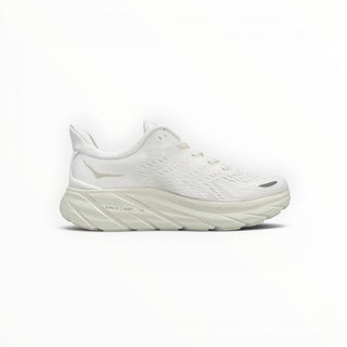 FWSports Shoes Hoka Clifton 8 women's running shoe in all-white with breathable mesh and cushioned midsole.