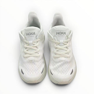FWSports Shoes Hoka Clifton 8 women's running shoes in all-white with breathable mesh upper and lace-up closure.