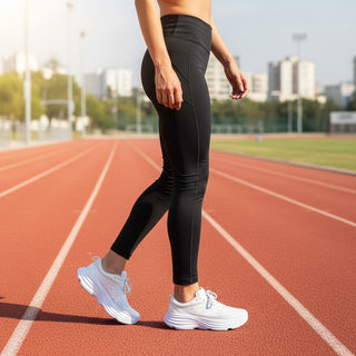 FWSports Shoes Hoka Clifton 8 women's white running shoes on a track, worn with black leggings for athletic training.