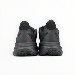 Rear view of FWSports Shoes Hoka Clifton 9 women's running shoes in all black with a flared heel and reflective detail.