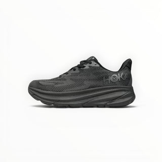 FWSports Shoes Hoka Clifton 9 women's running shoe in black with engineered mesh upper and cushioned EVA midsole.