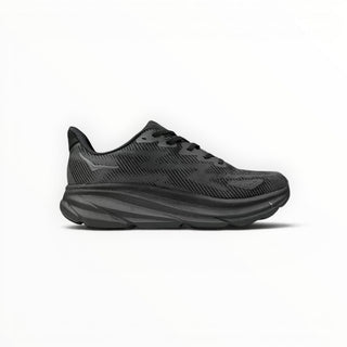 FWSports Shoes Hoka Clifton 9 men's running shoe in all black with breathable mesh upper and thick EVA midsole
