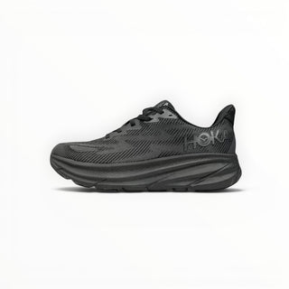 FWSports Shoes Hoka Clifton 9 men's running shoe in all black with breathable mesh upper and cushioned EVA midsole.