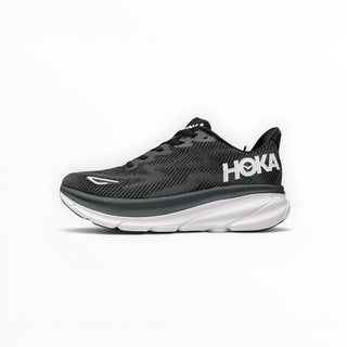 FWSports Shoes Hoka Clifton 9 men's running shoe in black and white with breathable mesh and EVA foam midsole.