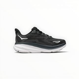 FWSports Shoes Hoka Clifton 9 women's running shoe in black mesh with a thick white EVA foam midsole.