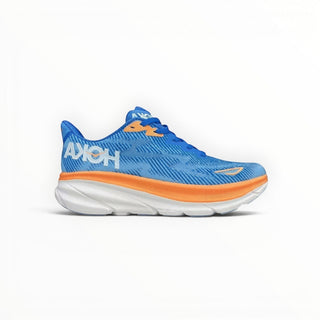 FWSports Shoes HOKA Clifton 9 men's running shoes in sea and sky blue with orange accents and a white EVA midsole.